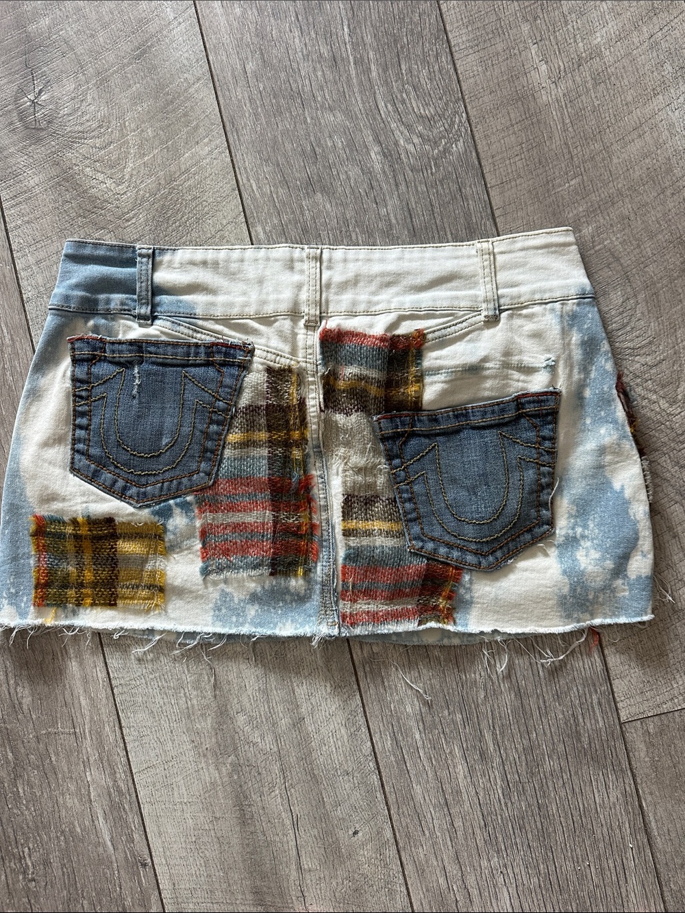 Patchwork Mini Skirt - White with Blue & Plaid Accents upcycle true religion